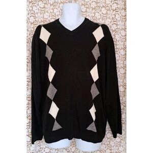Mens XL Sweater Black Diamond Argyle Crew Neck Pullover 100% Acrylic Haggar